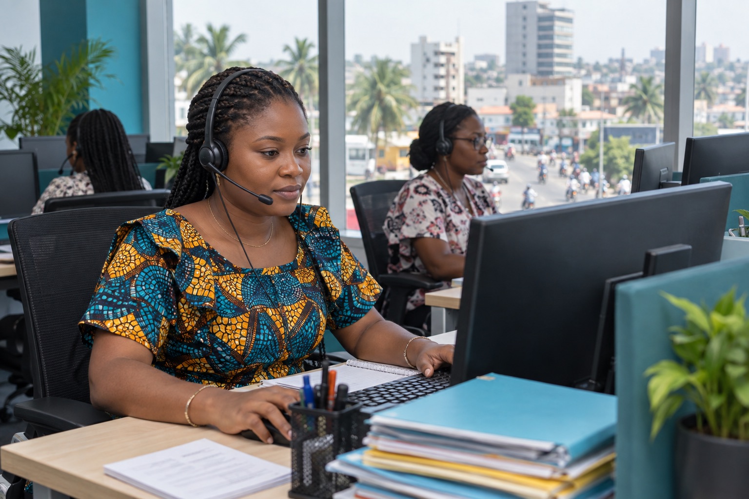 Call center agents handling administrative cases with a Cotonou-inspired city view