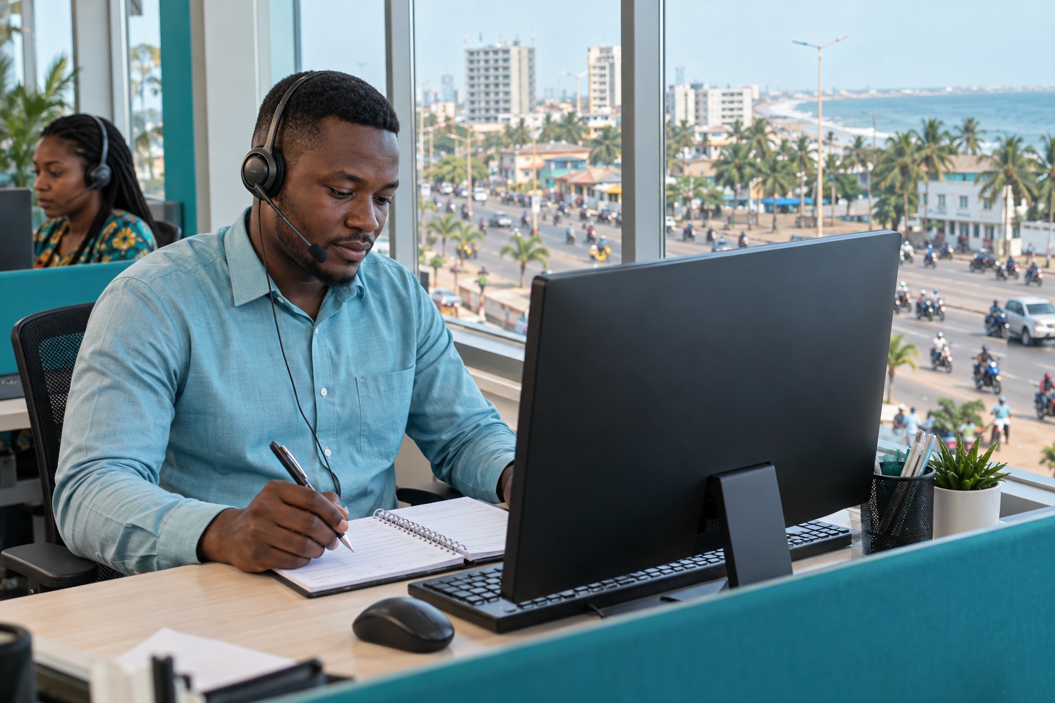 Agent scheduling appointments in a call center with a Cotonou-inspired city view