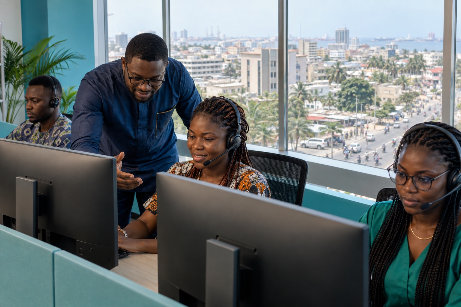 Customer care team and supervisor in a call center with a Cotonou-inspired city view