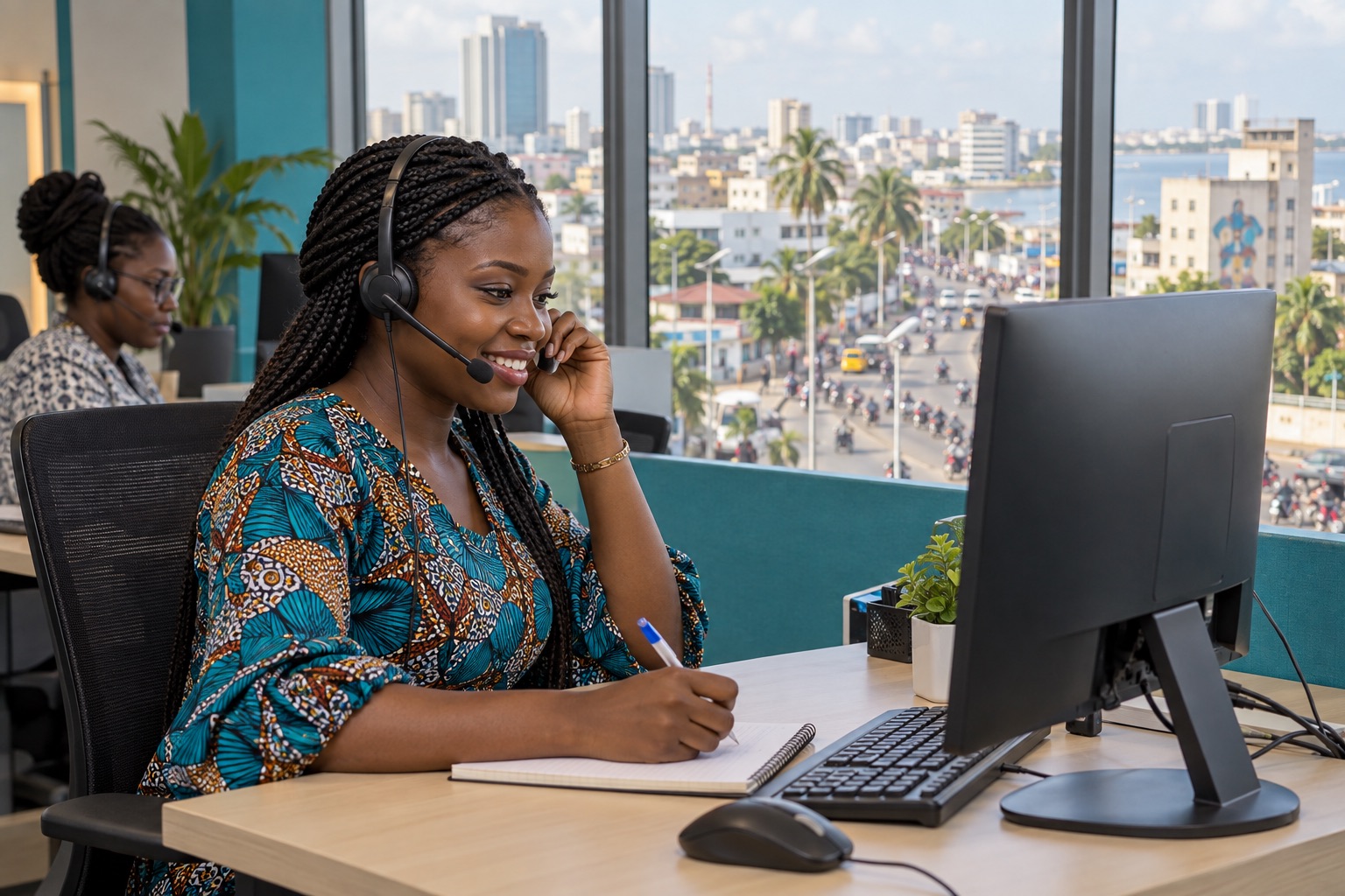 Call center operator taking a message with a Cotonou-inspired view outside
