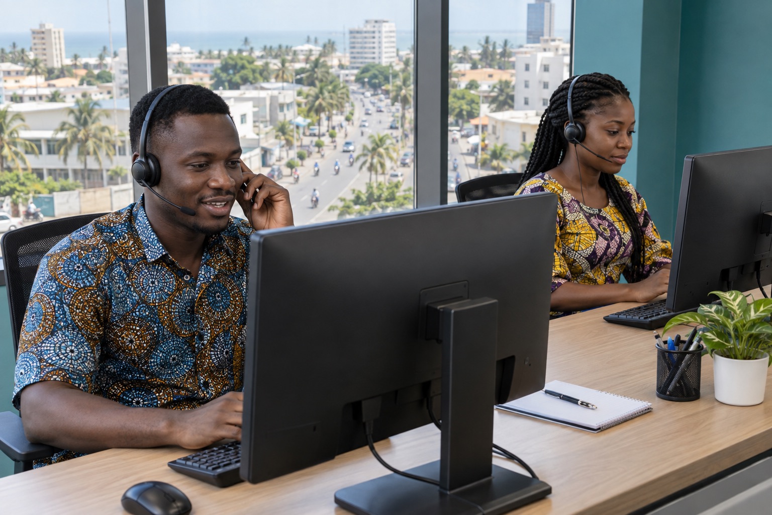 Two headset agents in a call center, with a Cotonou-inspired city view through the window